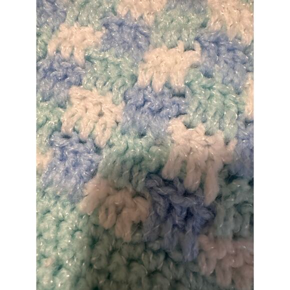 Baby nursery crochet handmade afghan blanket lambs white green blue 38" x 43" - Picture 6 of 9